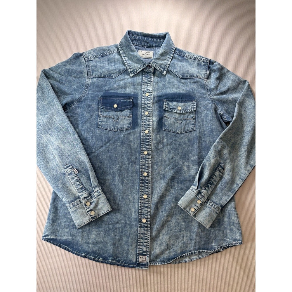 Kimes Ranch Acid Wash Blue Denim Pearl Snap Women's Top Western Rodeo